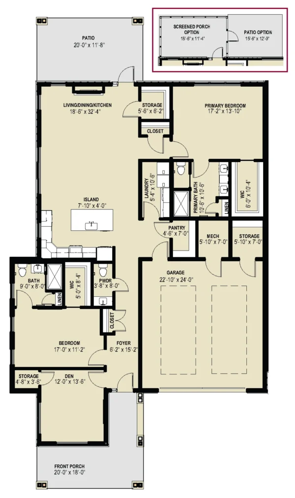 Floor plan of a house with three bedrooms, two bathrooms, an open living/kitchen area, pantry, storage, garage, front and rear patios, and options for a screened porch or extended patio.