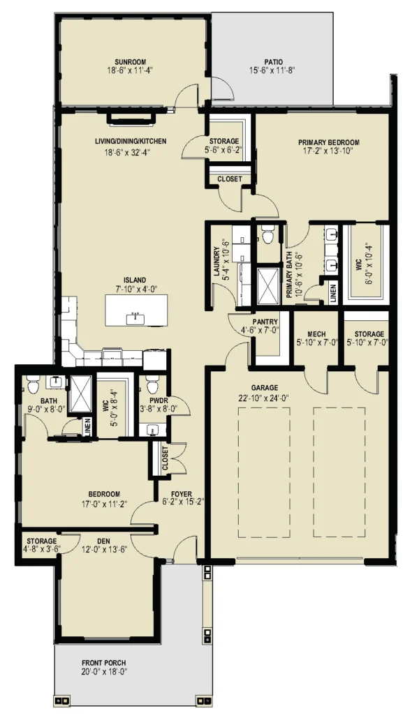 Floor plan of a single-story house showing three bedrooms, three bathrooms, kitchen with island, living/dining area, sunroom, den, garage, storage rooms, front porch, and patio.