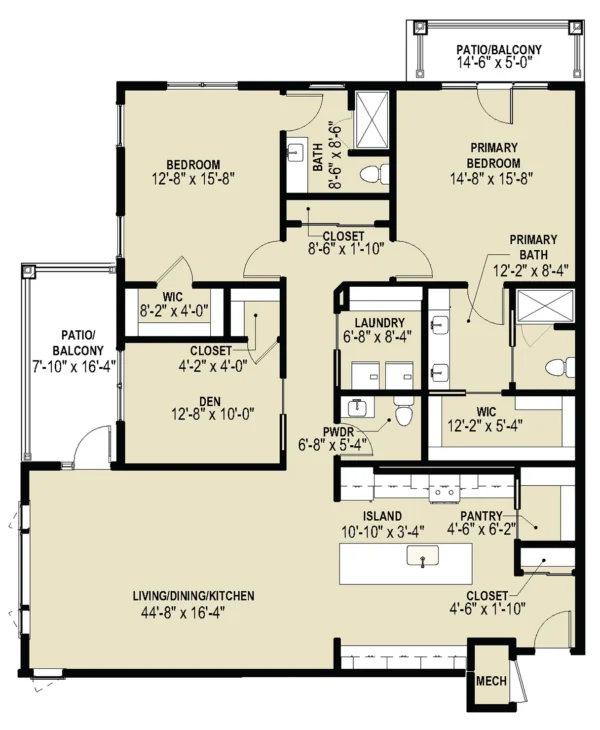 Floor plan of a two-bedroom, two-and-a-half bath apartment with den, laundry, kitchen, pantry, living/dining area, two balconies, and multiple closets.