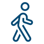 Simple blue line drawing of a person walking, depicted in a minimalist stick figure style on a light background.