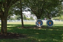 Two archery targets stand on a grassy field under trees, with a white fence and houses visible in the background.