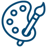 Blue outline icon of an artist’s paint palette with five wells and a paintbrush resting across it, on a light background.