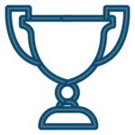 Blue outline of a trophy cup with two handles, displayed on a light gray background.