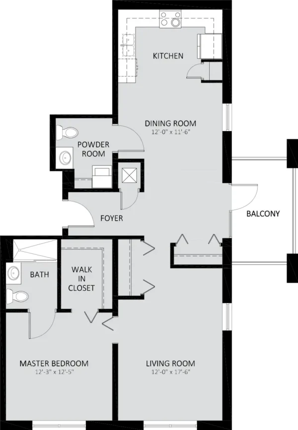 Black and white floor plan showing a kitchen, dining room, living room, master bedroom with bath and walk-in closet, powder room, foyer, and balcony.