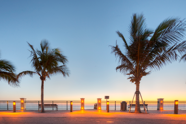 Palm trees line a promenade with benches and a railing, overlooking the ocean at sunrise or sunset under a clear sky.