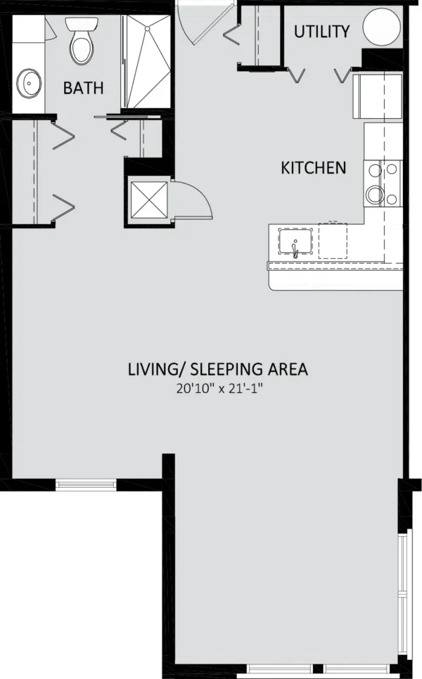 Studio apartment floor plan shows a combined living/sleeping area, kitchen, utility room, and bathroom with shower. Dimensions are 20′10″ by 21′1″.