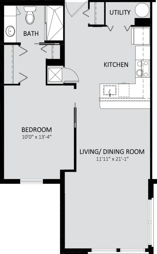 One-bedroom apartment floor plan with bath, kitchen, utility, and combined living/dining area; labeled dimensions are shown for bedroom and living/dining room.