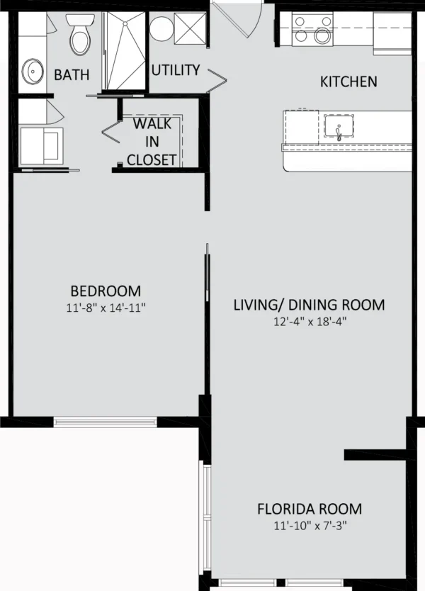 Black and white floor plan with one bedroom, one bath, kitchen, living/dining room, walk-in closet, utility area, and a Florida room. Room dimensions are labeled.
