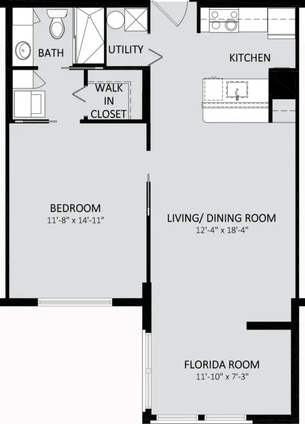 Black and white floor plan of a one-bedroom apartment with kitchen, living/dining room, bath, utility, walk-in closet, and a Florida room. Room dimensions are labeled.