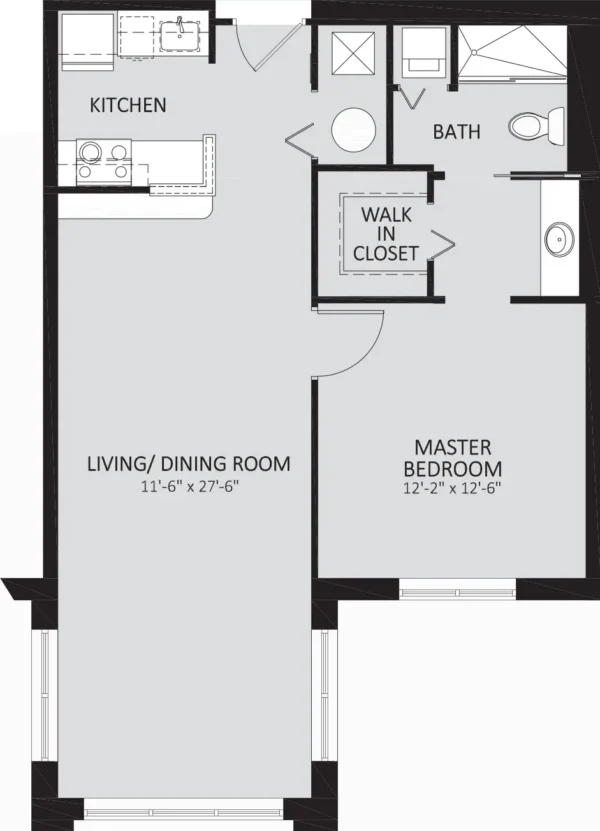 Black and white floor plan showing a kitchen, bath, master bedroom with walk-in closet, and a combined living/dining room.