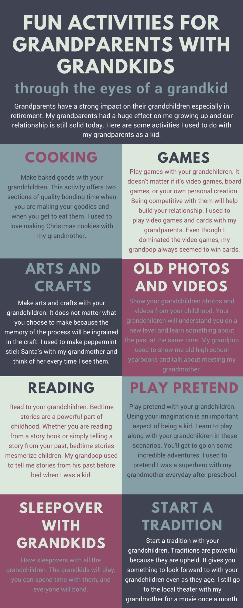 Infographic listing fun activities for grandparents and grandkids, including baking, games, crafts, video calls, sleepovers, and volunteering, with personal comments from a grandchild.