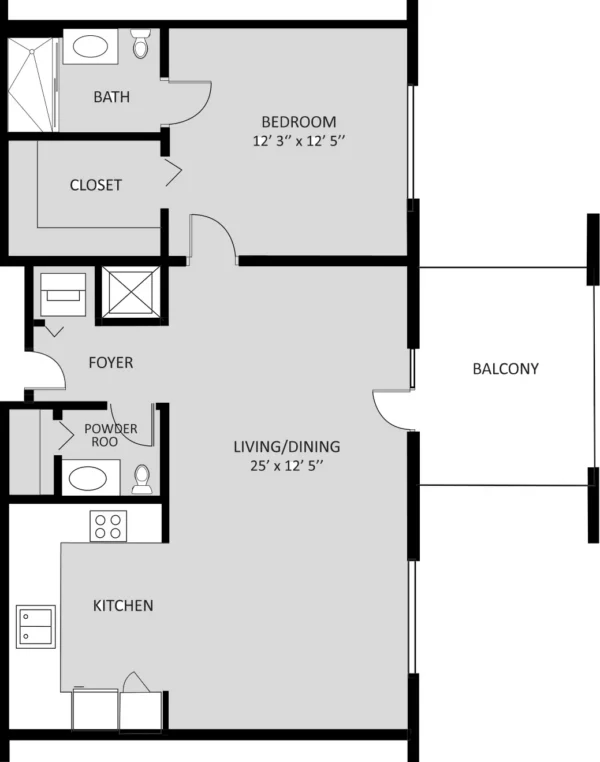 Black-and-white floor plan showing one bedroom, one bath, a kitchen, a living/dining area, foyer, closet, powder room, and a balcony.