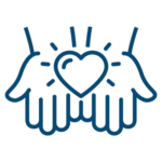 Two outlined hands are held open with a heart shape between them, surrounded by lines representing light or emphasis.