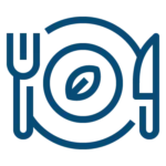 Blue line drawing of a plate with a leaf in the center, flanked by a fork on the left and a knife on the right, on a light background.