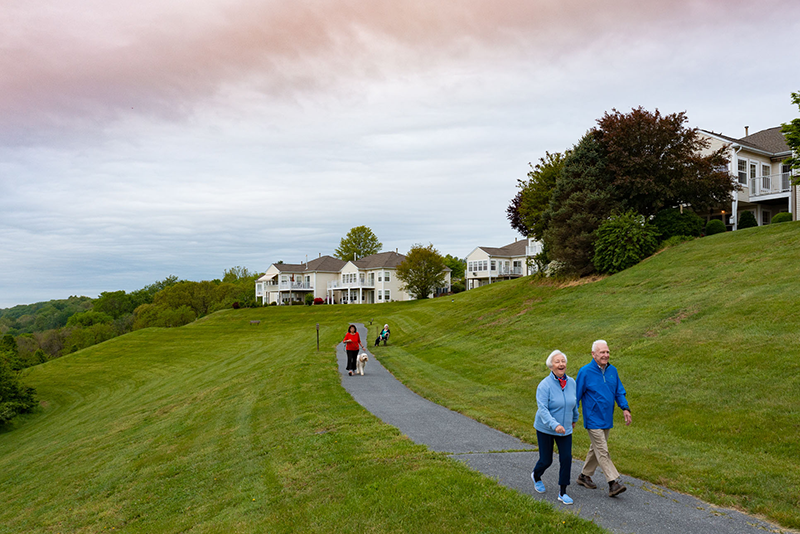 Two older adults walk on a paved path through a grassy area with houses in the background; other people walk dogs further down the path.