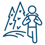 Line drawing of a person hiking with a backpack in front of two pine trees.