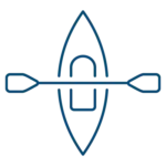 Simple line drawing of a kayak viewed from above with a paddle placed horizontally across it.