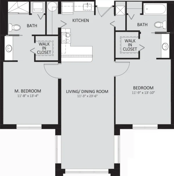 Black and white floor plan showing two bedrooms, two baths, kitchen, two walk-in closets, and a combined living/dining room in the center.