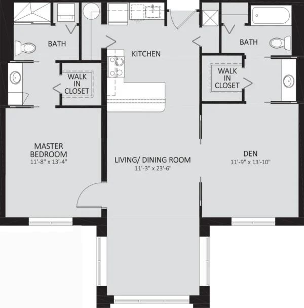 Floor plan with a master bedroom, den, two baths, kitchen, living/dining area, two walk-in closets, and an entryway. Room sizes are labeled in feet and inches.