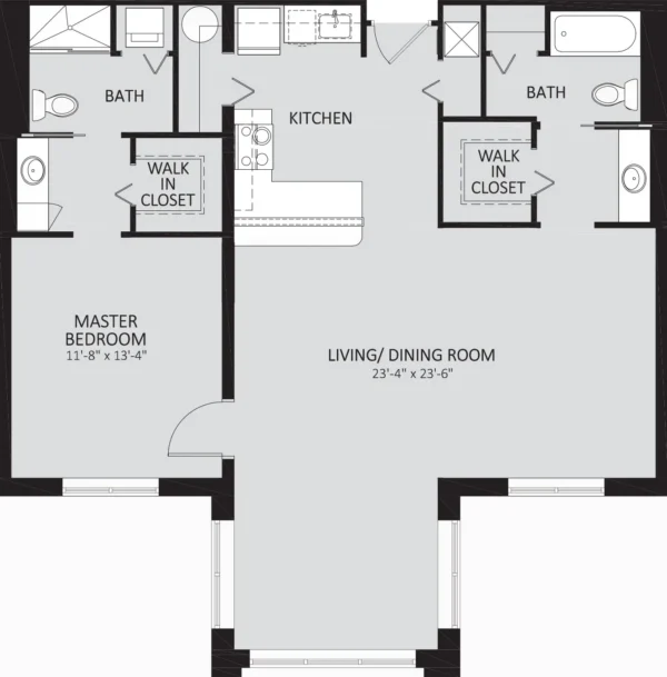 Black and white floor plan showing one bedroom, two baths, kitchen, two walk-in closets, and a large combined living and dining area with three front windows.
