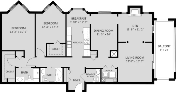 Black and white floor plan of an apartment featuring three bedrooms, two bathrooms, a kitchen, dining room, den, living room, laundry, powder room, foyer, and a balcony.