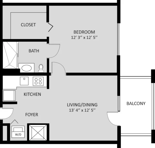 Black and white floor plan of a one-bedroom apartment with kitchen, living/dining area, bath, closet, foyer, washer/dryer, and balcony. Room dimensions are labeled in feet and inches.