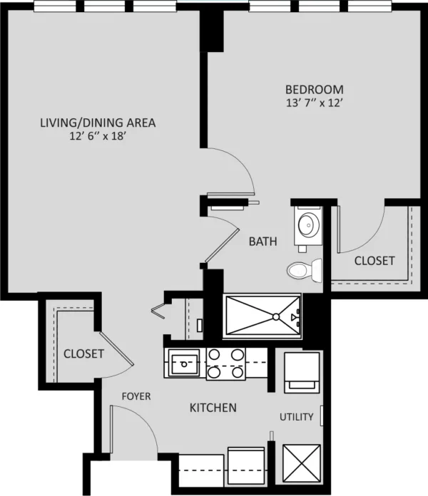 Black and white floor plan of a one-bedroom apartment with labeled living/dining area, kitchen, utility, bath, closets, foyer, and bedroom. Room dimensions are included.