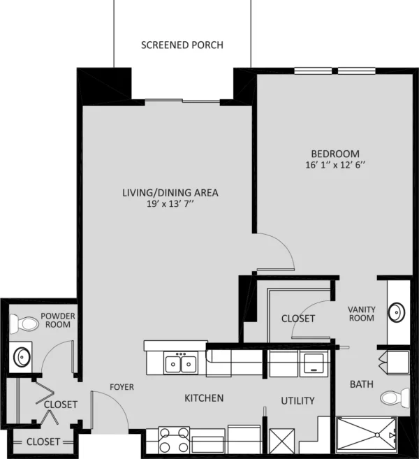 Black and white floor plan of a one-bedroom apartment with kitchen, living/dining area, screened porch, utility, bathroom, vanity room, powder room, and multiple closets.