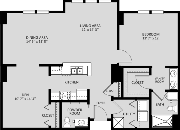 Floor plan of an apartment with a living area, dining area, kitchen, den, bedroom, bath, vanity room, two closets, powder room, utility space, and foyer.