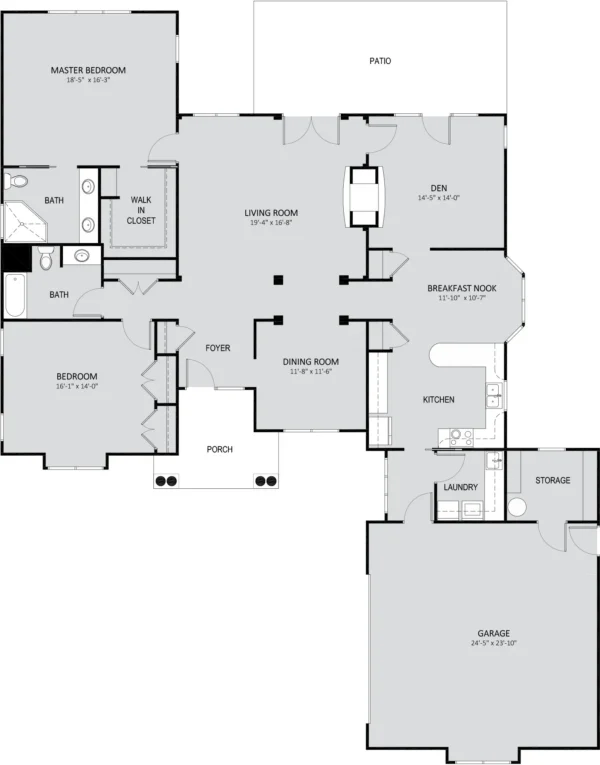 Black and white floor plan of a single-story house featuring three bedrooms, two bathrooms, kitchen, den, living and dining rooms, laundry, porch, patio, garage, and storage area.