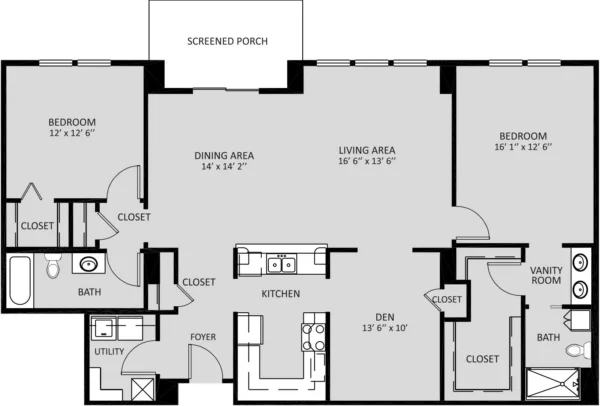Black and white floor plan of a two-bedroom, two-bathroom apartment with kitchen, dining area, living area, den, utility, foyer, closets, and screened porch.