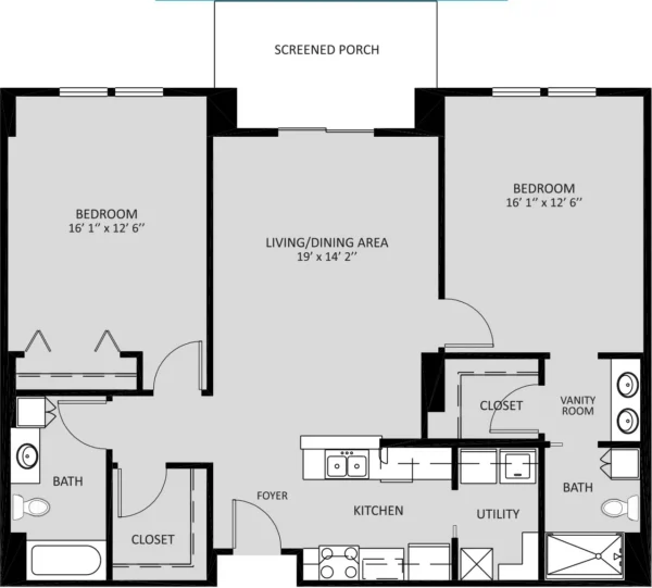 Black and white floor plan of a two-bedroom, two-bath apartment with living/dining area, kitchen, utility room, closet spaces, and a screened porch.
