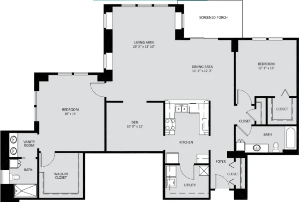 Black and white floor plan of a house with two bedrooms, den, two bathrooms, living and dining areas, kitchen, utility, and a screened porch.