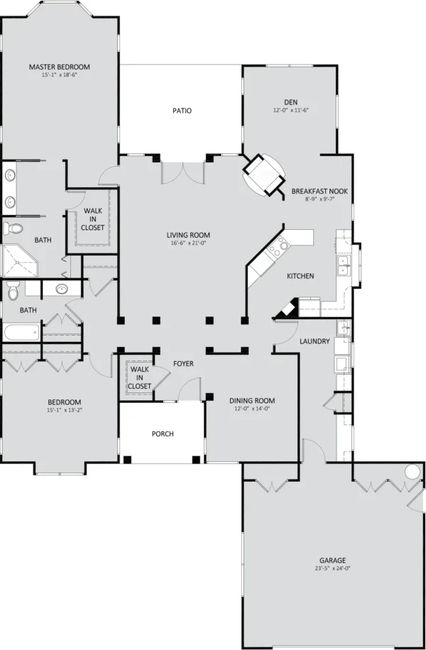 Black and white floor plan of a single-story house with three bedrooms, two baths, a garage, kitchen, dining room, living room, den, breakfast nook, and patio.