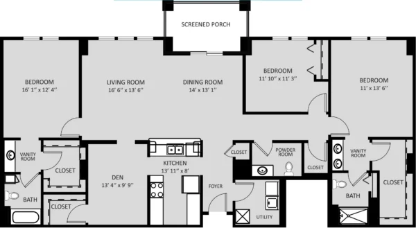 Black and white floor plan showing two bedrooms, two bathrooms, a living room, dining room, kitchen, den, closets, utility room, powder room, foyer, and a screened porch.