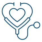 Blue outline of a stethoscope shaped like a heart with a smaller heart in the center, on a light background.