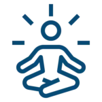Blue line drawing of a person sitting cross-legged with lines around the head, suggesting meditation, relaxation, or mindfulness.