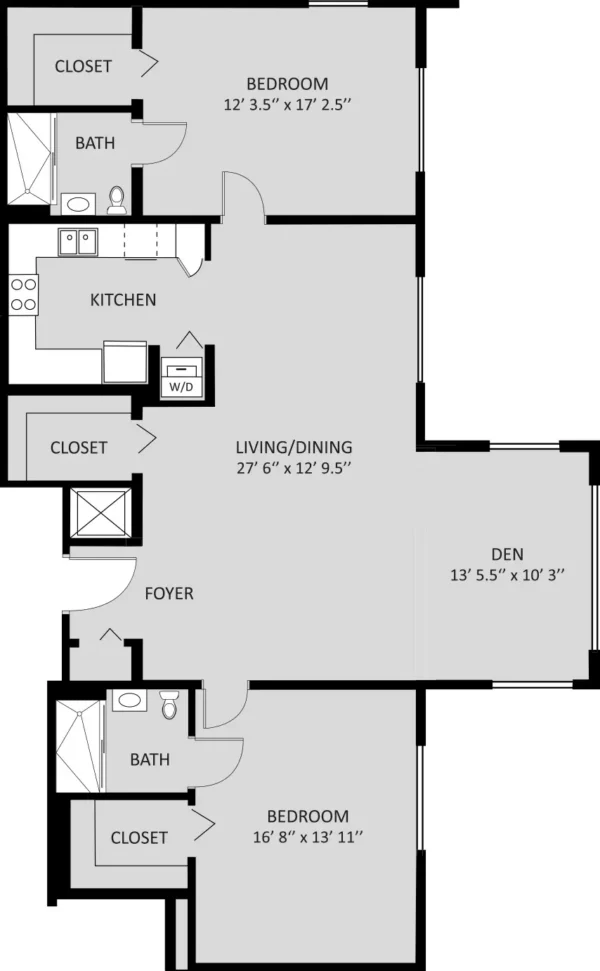 Black and white floor plan of a two-bedroom, two-bath apartment with kitchen, living/dining area, den, foyer, closets, and washer/dryer.