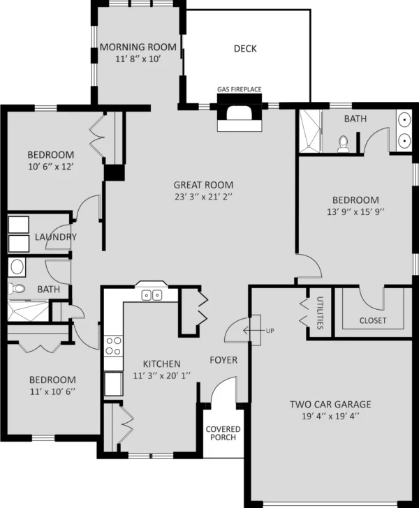 Black and white floor plan of a single-story house showing three bedrooms, two bathrooms, a kitchen, great room, laundry, morning room, deck, and two-car garage.