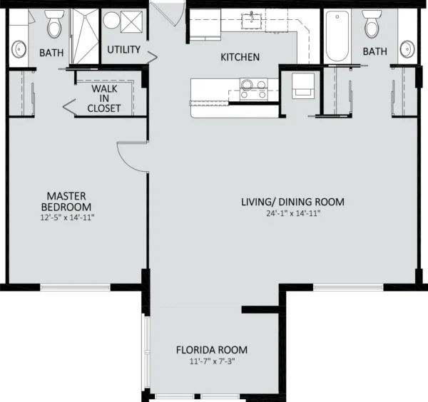 Black and white floor plan showing a master bedroom, two baths, kitchen, utility room, walk-in closet, living/dining room, and Florida room. Room dimensions are labeled throughout.