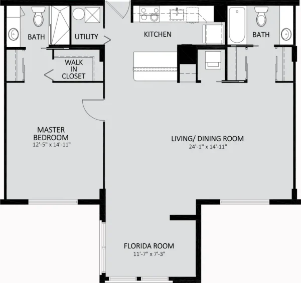 Black and white floor plan of an apartment with one bedroom, two bathrooms, kitchen, utility room, walk-in closet, living/dining room, and a Florida room. Room dimensions are labeled.