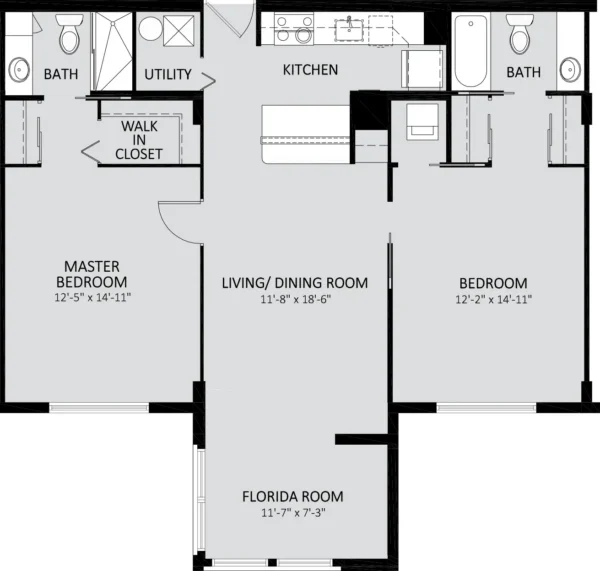 Black and white floor plan of a two-bedroom, two-bath apartment with kitchen, living/dining room, walk-in closet, utility room, and Florida room. Room dimensions are labeled.
