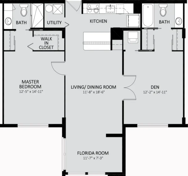 Black and white floor plan with labeled rooms: master bedroom, den, two baths, kitchen, utility, walk-in closet, living/dining room, and Florida room. Dimensions for each room are indicated.