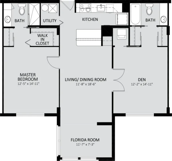 Floor plan of an apartment showing a master bedroom, den, two baths, kitchen, utility room, walk-in closet, living/dining room, and a Florida room with labeled dimensions.