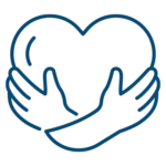 A simple line drawing of two hands holding a large heart, with the hands partially wrapping around the heart shape.
