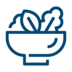 Simple line drawing of a bowl filled with leafy vegetables, representing a salad or healthy food.