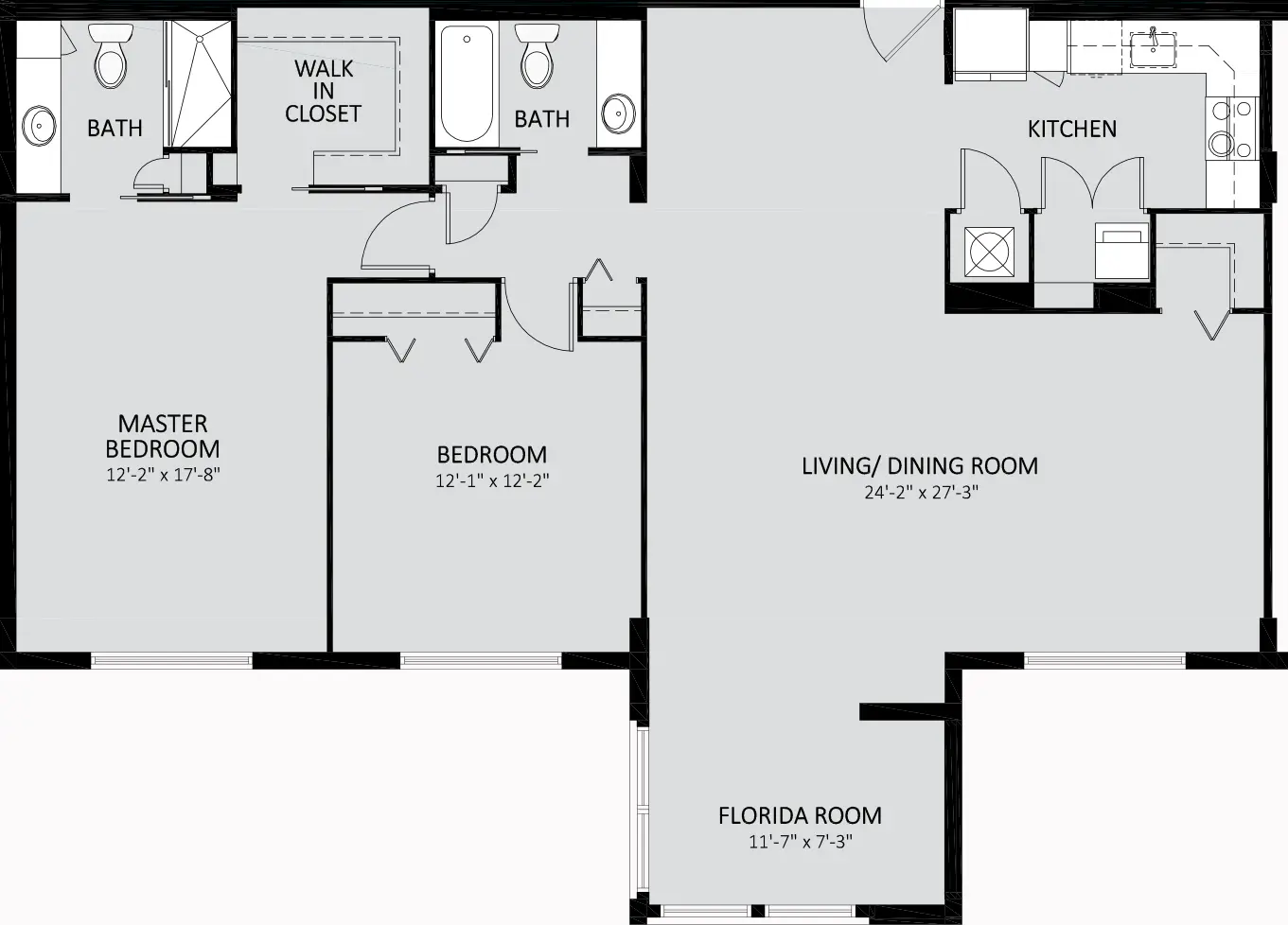 Floor plan showing a two-bedroom, two-bathroom apartment with a kitchen, living/dining room, walk-in closet, and Florida room.