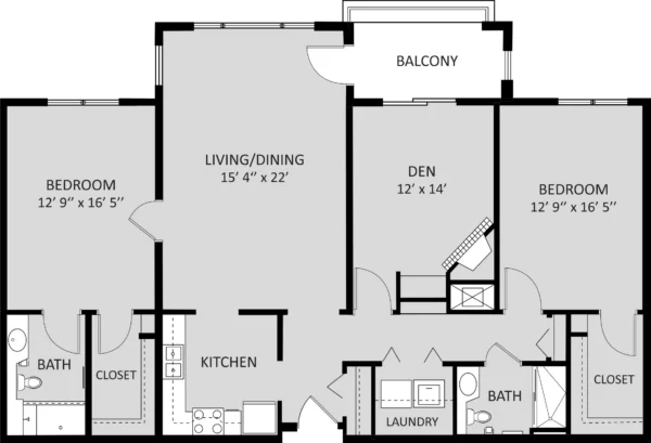 Black and white floor plan with two bedrooms, two bathrooms, a den, kitchen, living/dining area, laundry room, closets, and a balcony.