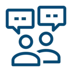 Two outlined human figures with speech bubbles above their heads, each containing three dots, representing a conversation or communication.