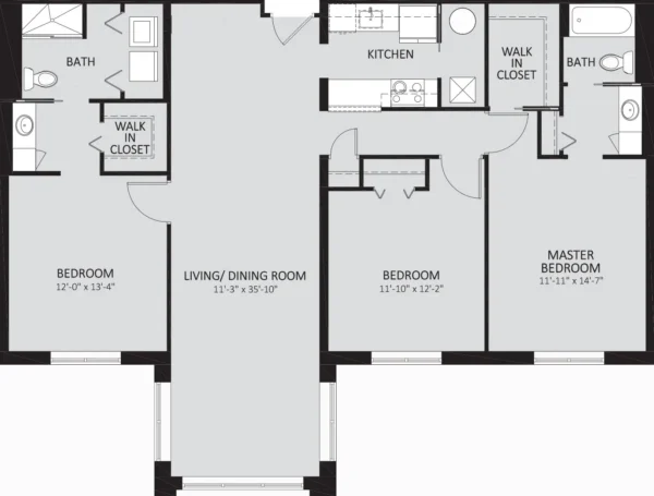 Black and white floor plan with three bedrooms, two bathrooms, a kitchen, a living/dining room, and two walk-in closets. Room dimensions are labeled throughout the layout.